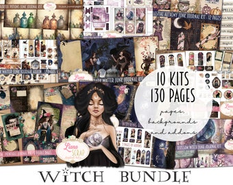 May include: A collage of digital papers and backgrounds for junk journaling with a witch theme. The collage includes 10 kits and 130 pages of witchy images, including potions, spells, and a witch with a crystal ball. The text "Witch Bundle" is at the bottom of the collage.
