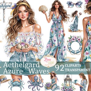 Aethelgard Azure Waves 92 aquarel clipart set - Beachy digitale stickers, transparante png voor planners, scrapbooking, marine onderwater