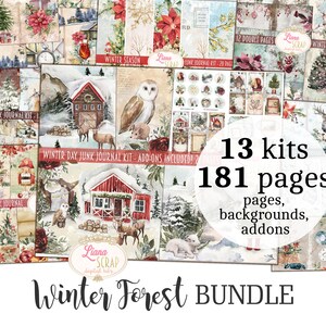 BUNDLE del diario della spazzatura della foresta invernale - 13 kit, stampabili del collage della foresta invernale magica, kit invernale digitale, 181 pagine del diario della spazzatura invernale