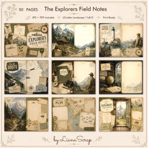 A collection of nine vintage-themed journal page previews featuring mountain landscapes, old maps, compasses, binoculars, and explorers, all in a warm, sepia-toned adventure aesthetic.