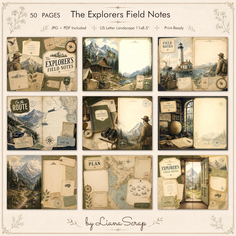 A collection of nine vintage-themed journal page previews featuring mountain landscapes, old maps, compasses, binoculars, and explorers, all in a warm, sepia-toned adventure aesthetic.