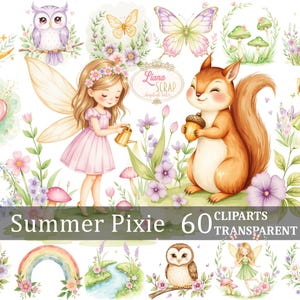 Może przedstawiać: Zestaw 60 cyfrowych obrazów clipart z motywem letniej wróżki. Obrazy przedstawiają wróżkę ze skrzydłami, wiewiórkę, królika, sowę, kwiaty, grzyby, tęczę i serce. Obrazy są w stylu akwarelowym i idealnie nadają się do tworzenia projektów cyfrowych, scrapbookingu i innych prac ręcznych.