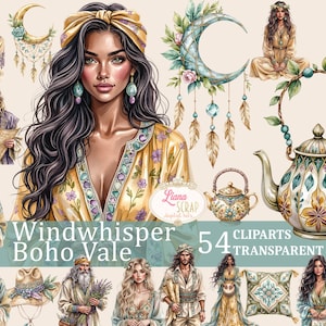 Windwhisper Boho Vale 54 Clipart Images - Boho Woman, Dreamcatchers, Floral PNG for Digital Art, Planners, Scrapbooking & Design, Bohemian