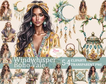 May include: Digital watercolour clip art set featuring a woman with long dark hair, a crescent moon, a teapot, and other bohemian-themed illustrations. The text "Windwhisper Boho Vale" and "54 CLIPS TRANSPARENT PNG" are also visible.