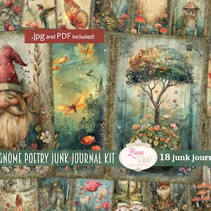 Gnome Poetry Junk Journal Kit digitale stampabile, Foglio collage stampabile da favola, Carta per diario spazzatura, Diario della foresta magica