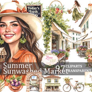 Summer Sunwashed Market 97 clipartafbeeldingen PNG digitale planner stickers bloemen markt illustraties, vintage markt, bloemsierkunst, cottagecore