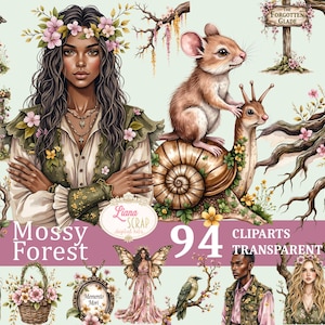 Set di 94 clipart di Mossy Forest - Animali della foresta acquerellati, elementi fiabeschi, PNG trasparenti per planner digitali, scrapbooking e altro ancora