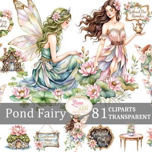 Ensemble de 81 Images clipart fée étang PNG Transparent fée Art numérique Scrapbooking planificateur autocollants Illustration botanique conception aquarelle