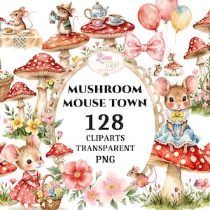 Svamp- och musstad Clipart - 128 akvarellmöss, svampar och blommönster - Digitala planeringsklistermärken, scrapbook-grafik, PNG