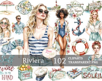Conjunto de imágenes prediseñadas digitales Riviera 102: gráficos PNG de playa de verano para scrapbooking y diseño, pegatinas para agendas.