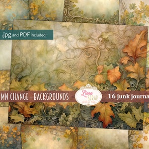 Cambio de otoño Fondo del diario basura digital, Collage de hojas oxidadas imprimible, Diario basura digital, Papel del diario de la naturaleza, Fondo de otoño