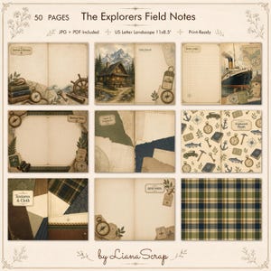A preview grid of vintage adventure-themed journal pages featuring maps, compasses, old ships, mountain cabins, and explorer motifs like anchors and telescopes on aged paper textures.