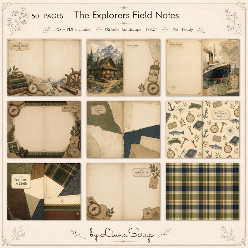 A preview grid of vintage adventure-themed journal pages featuring maps, compasses, old ships, mountain cabins, and explorer motifs like anchors and telescopes on aged paper textures.