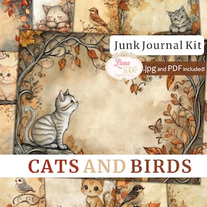 Kit de journal numérique indésirable chats et oiseaux, collage automne imprimable, papier thème automne, forêt d'automne, feuilles et papillons