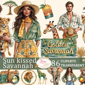 Pacchetto di 86 Clipart di Savannah baciata dal sole - Animali del safari, Fiori, Persone PNG - Agende digitali, Scrapbooking, Disegni della giungla