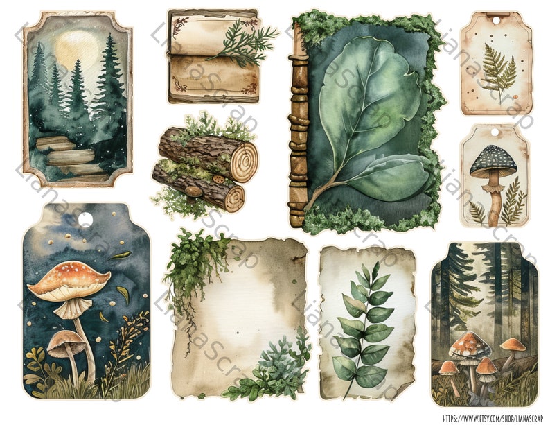 Junk Journal Ephemera, Wald Notizen Fussy Schnitte druckbar, digitaler Download, Midnight Woodland Aufkleber, Verzierungen für Junk Journals Bild 8