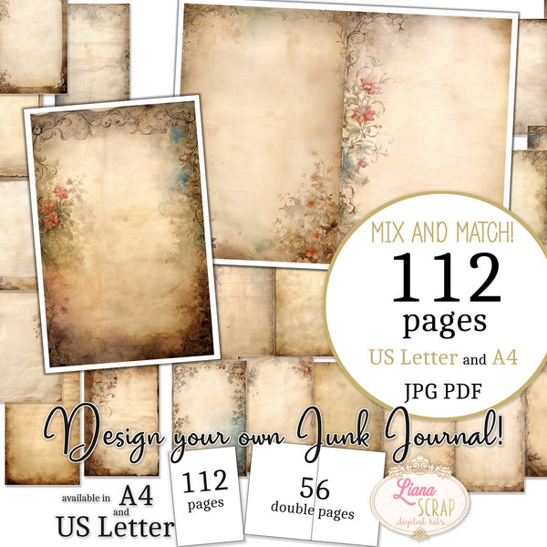 Junk Journal - Vintage Paper - US Letter and A4 size, Mix and Match Pages, Tea Dyed Digital Paper in printable PDF and JPG, Backgrounds