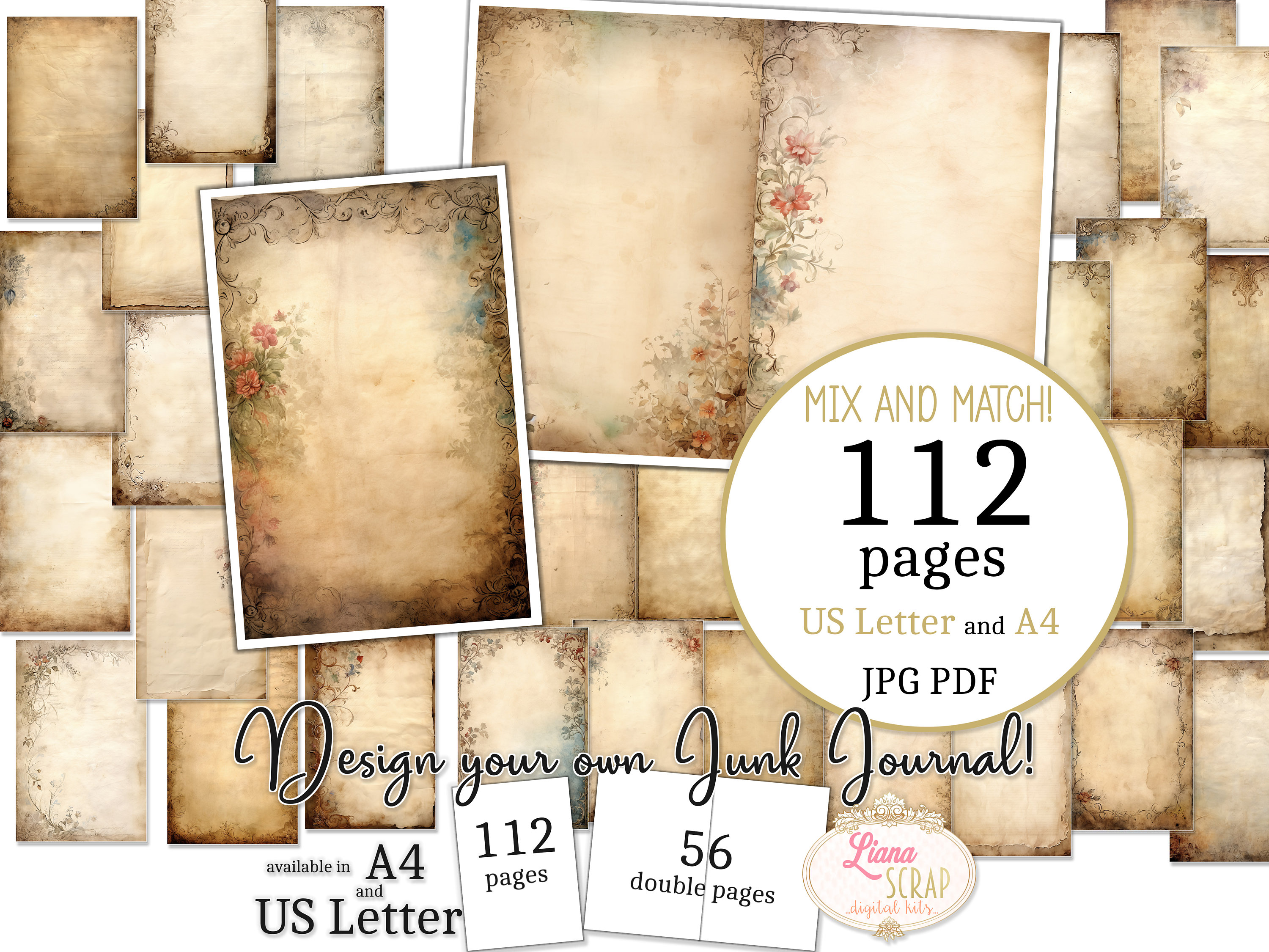 Junk Journal - Vintage Paper - US Letter and A4 size, Mix and Match Pages, Tea Dyed Digital Paper in printable PDF and JPG, Backgrounds