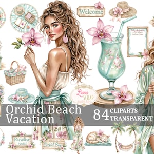 Pacchetto di 84 clipart acquerellabili "Orchidea Beach Vacation" - PNG estivi per planner digitali, adesivi, inviti, scrapbooking e decorazioni da spiaggia
