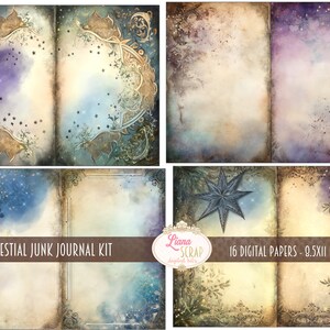May include: A digital paper pack with 16 celestial themed papers. The papers feature a vintage, distressed look with gold accents, stars, and a blue and purple color scheme. The text "BASIC CELESTIAL JUNK JOURNAL KIT" and "16 DIGITAL PAPERS - 8.5X11 INCHES" is visible on the image.
