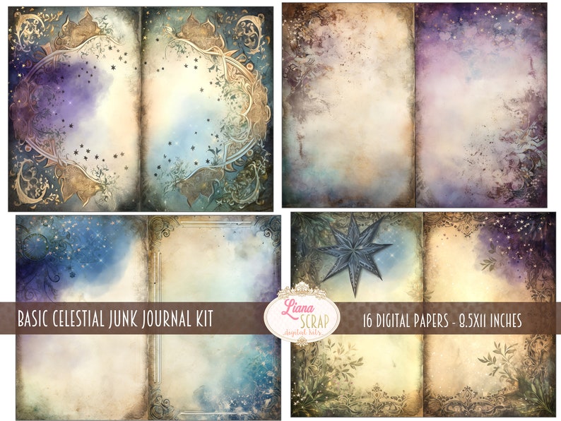 May include: A digital paper pack with 16 celestial themed papers. The papers feature a vintage, distressed look with gold accents, stars, and a blue and purple color scheme. The text "BASIC CELESTIAL JUNK JOURNAL KIT" and "16 DIGITAL PAPERS - 8.5X11 INCHES" is visible on the image.