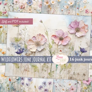 Fundo de diário de lixo digital de flores silvestres, colagem de flores pintadas para impressão, papel de diário de lixo digital, papel de diário impasto