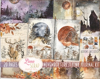 November Wald Junk Journal Digital Kit zum Ausdrucken, Herbst Digital Junk Journal, Herbst Wald Tiere Junk Journal, Junk Journal Papier