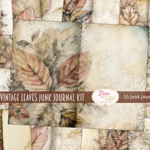 Papel digital básico de folhas vintage para diários indesejados, papel com fundo de folhas vintage, kit digital para impressão, papel de diário vintage