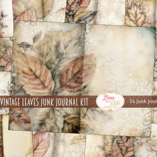 Basic Vintage Leaves Digital Paper for Junk Journals, Paper with vintage leaves background, Digital Kit Printable, Vintage Journal Paper