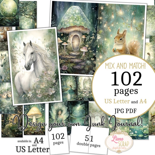 Junk Journal - Sparkle Forest - Formato US Letter e A4, Mescola e abbina pagine, Carta digitale Magical Forest in PDF stampabile e JPG