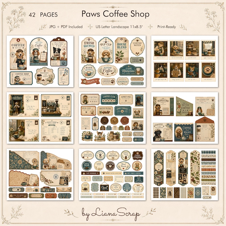 Printable Junk Journal Kit Paws Coffee Shop, 42 Pages of Vintage Dog ...
