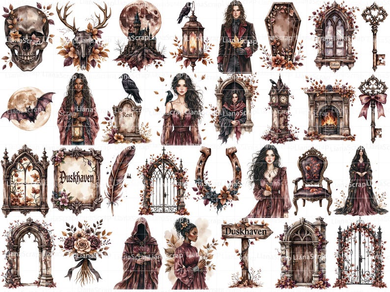 Gothic Autumn Clipart Set – Watercolor Halloween Graphics (PNG) image 3