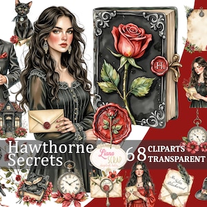 Set di 68 Clipart di Hawthorne Secrets - Ritratti vittoriani, fiori, lettere - Adesivi per planner digitali, scrapbooking, investigazione investigativa