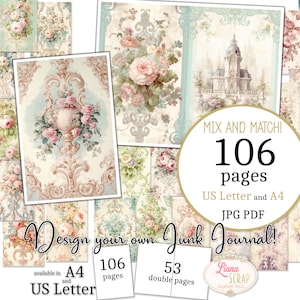 Junk Journal - English Shabby - Tamaño carta de EE. UU. y A4, páginas para mezclar y combinar, papel digital Shabby Chic Wallpapers en PDF y JPG imprimibles