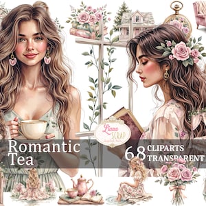 Ensemble de 68 cliparts numériques thé romantique Floral femmes PNG vintage éléments de conception de scrapbooking
