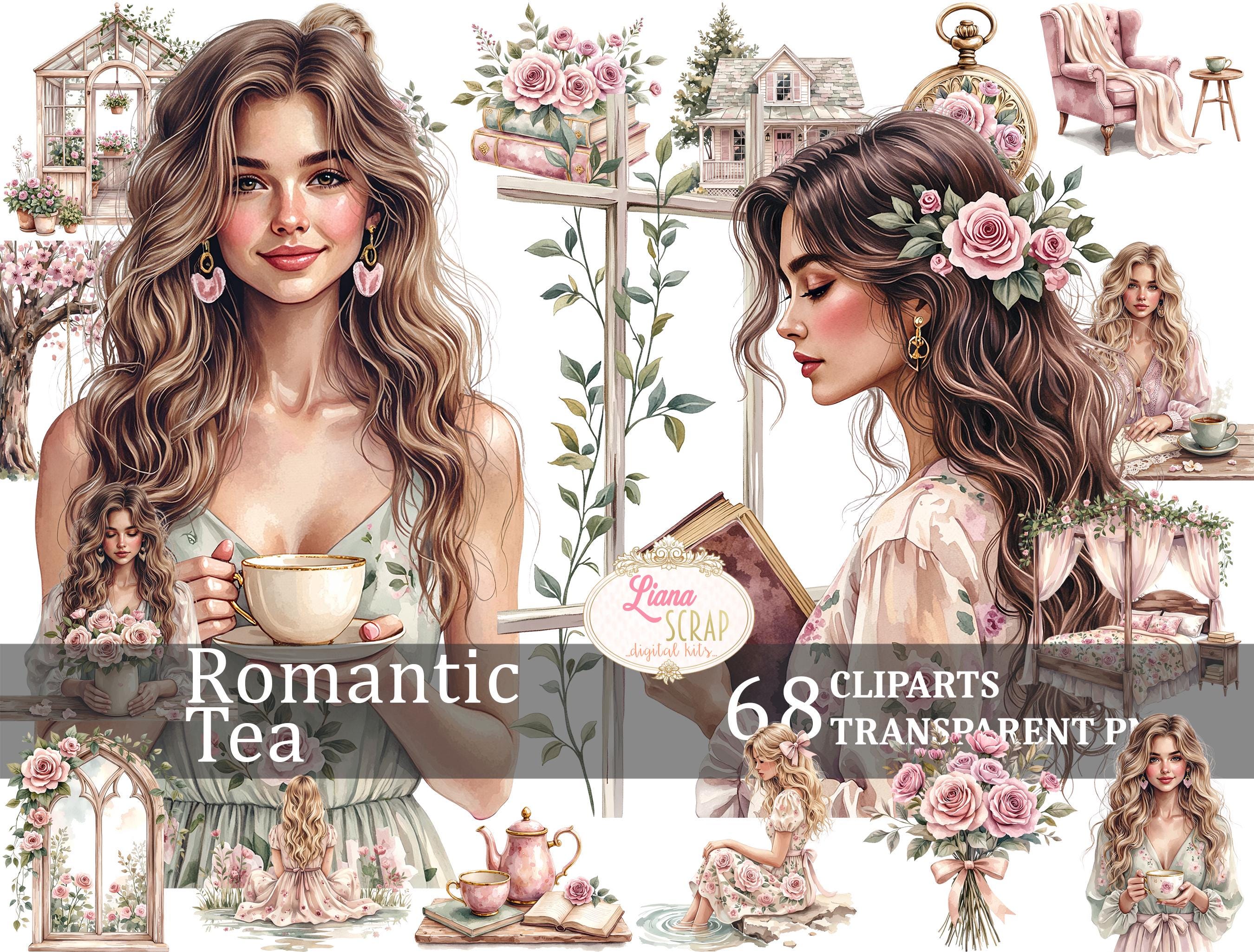 Romantic Tea 68 Digital Clipart Set Floral Women PNG Vintage Scrapbooking Design Elements