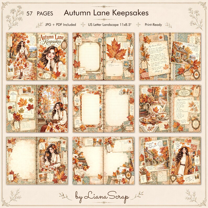 Printable Junk Journal Kit Autumn Lane Keepsakes, 57 Pages, Cozy Fall ...