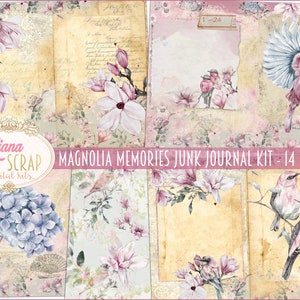 Magnolia Memories Junk Journal Kit Printable, Frühlingsblumen und Vögel Digitale Collage Sheets, Junk Journal Papier