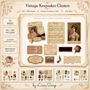 May include: A digital collage sheet titled "Vintage Keepsakes Clusters" with various vintage ephemera. The design includes sheet music, portraits, tickets, and decorative elements. The text includes "JPG + PDF Included" and "US Letter Landscape 11x8.5".