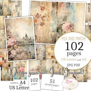 Junk Journal - Grunge Patchwork - Tamaño carta de EE. UU. y A4, páginas de mezcla y combinación, fondos vintage desgastados, papel digital PDF y JPG