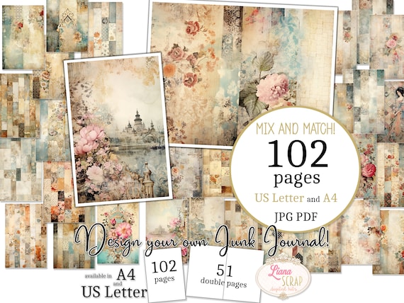 Grunge Patchwork Junk Journal – Vintage Backgrounds, 102 Pages (PDF & JPG)