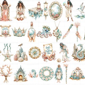 Watercolor Seaborn Witch Clipart Set – Witchcore PNG Graphics (89 Images) image 2