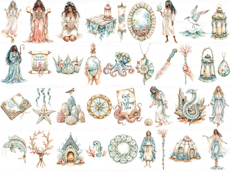 Watercolor Seaborn Witch Clipart Set – Witchcore PNG Graphics (89 Images) image 2