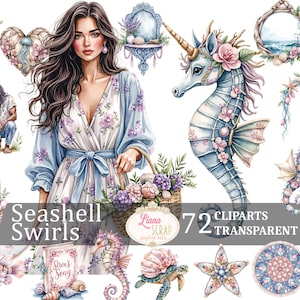 Seashell Swirls 72 clipartset - aquarel oceaandieren, zeedieren, zeemeermin digitale plannerstickers, transparante png voor