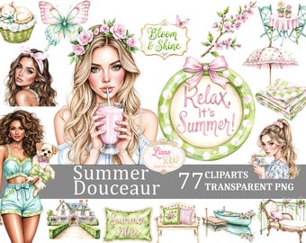Puede incluir: Un conjunto de 77 imágenes de clipart digital de temática veraniega en formato PNG. Las imágenes incluyen una mujer con cabello rubio bebiendo un batido, una mujer con cabello castaño vistiendo un atuendo azul y verde, una mariposa, un arreglo floral, un letrero que dice "Bloom & Shine", un letrero que dice "Relax, ¡es verano!" y una mesa de picnic con un mantel a cuadros.