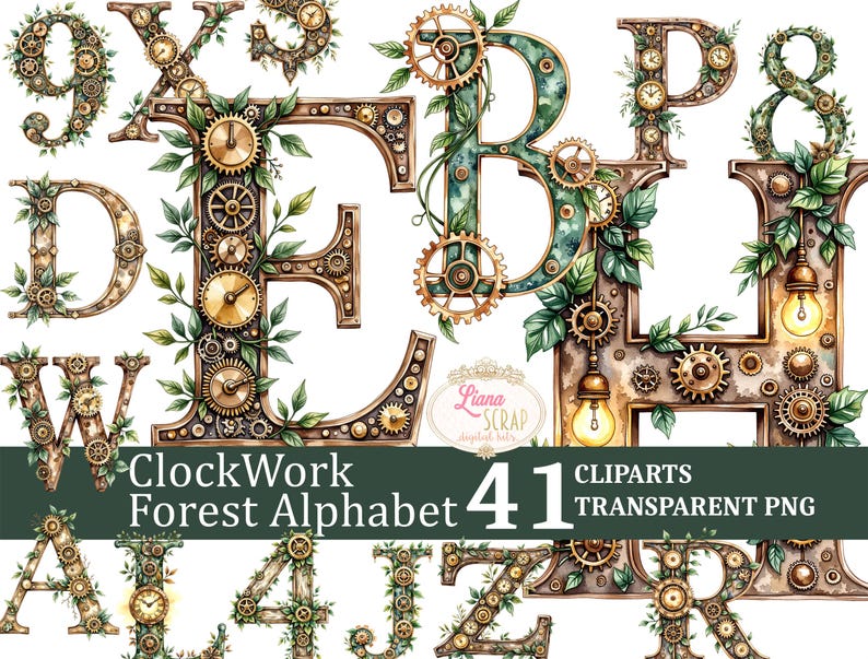 Clock Work Text Clockwork Forest Alphabet Clipart – Steampunk Floral Letters (PNG) - Etsy