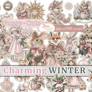 Recortes encantadores de invierno, elementos navideños, familia de ratones, mujer zorro, recortes de diarios basura digitales, pegatinas digitales, Cricut, Cameo