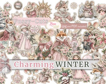 May include: A collection of vintage-style paper cutouts featuring charming winter-themed illustrations. The designs include foxes, mice, and girls in winter attire, along with decorative elements like snowflakes and ornaments. The words "Fussy-Cuts" and "Charming Winter" are displayed.