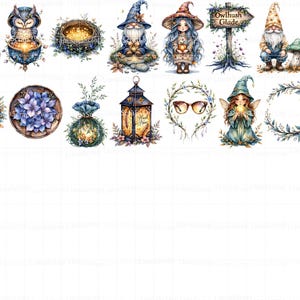 Conjunto de imágenes prediseñadas de gnomos en acuarela: hadas, búhos y animales del bosque (descarga digital PNG) imagen 4