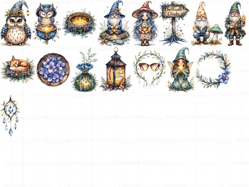 Conjunto de imágenes prediseñadas de gnomos en acuarela: hadas, búhos y animales del bosque (descarga digital PNG) imagen 4